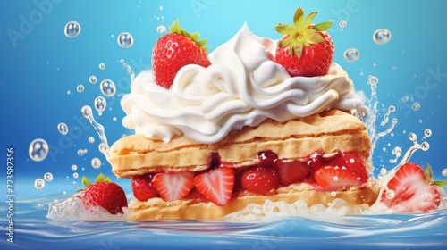 Delicious strawberry shortcake dessert on blue background.