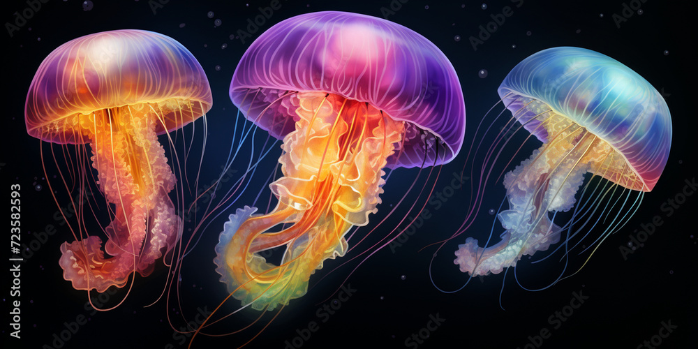 A group of jellyfishes with colorful tentacles, Jellyfish floating in the water, The jellyfish should be translucent and glowing, with long tentacles trailing behind it A group of jellyfishes with colorful tentacles, Jellyfish floating in the water, The jellyfish should be translucent and glowing, with long tentacles trailing behind it