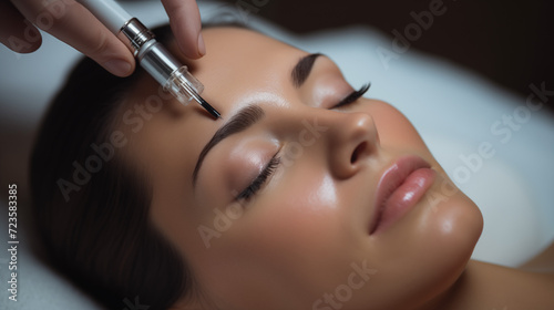 Close-up of a woman's head receiving an injection in the cheekbones in a beauty salon photo