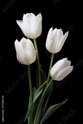 Four white tulips arranged in a vase on a black background