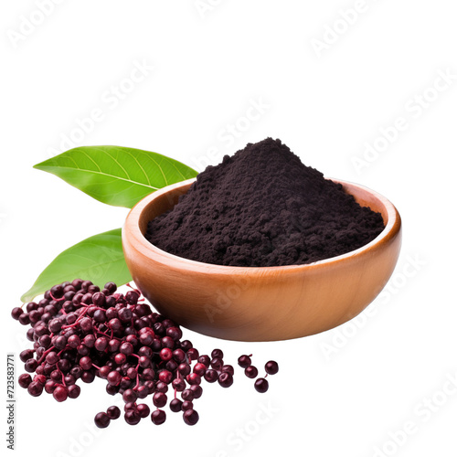 pile of finely dry organic fresh raw elderberry powder in wooden bowl png isolated on white background. bright colored of herbal, spice or seasoning recipes clipping path. selective focus