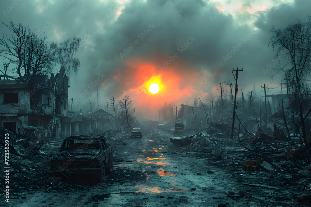 Desolate Sunset over a Destroyed City