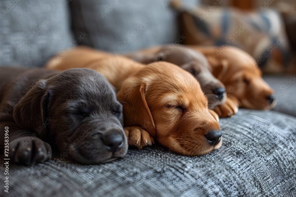 Five Adorable Puppies Sleeping on a Cozy Couch