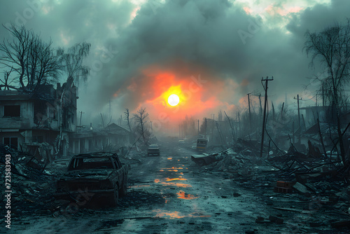 Desolate Sunset over a Destroyed City photo