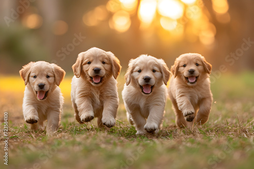 Playful Golden Retriever Puppies Running in a Field