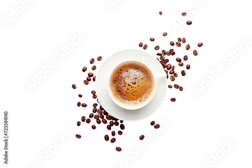 Exquisite Isolated White Cup with Fresh Coffee Beans, Captivating Aromatic Cappuccino Coffee Set Against a Transparent Background, for Black Coffee Lovers, for Artistic Creations and Advertising.