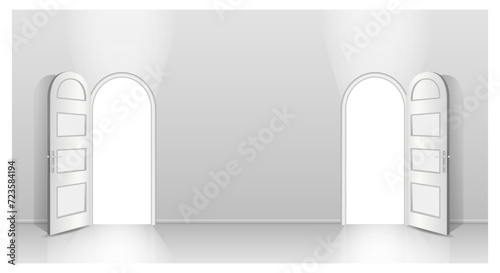 The interior of an empty room with a white wall and an open door.
Free space for copying, 3d image.