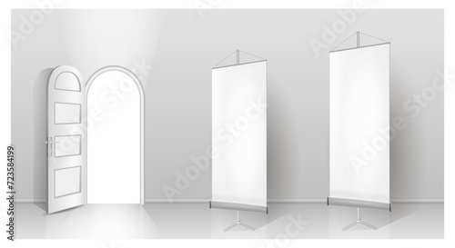 The interior of an empty room with a white banner and an open door. Free space for copying, 3d vector image.