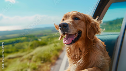 Golden Retriever Dog Sitting in Car Looking Out of Window in travel vacation time
