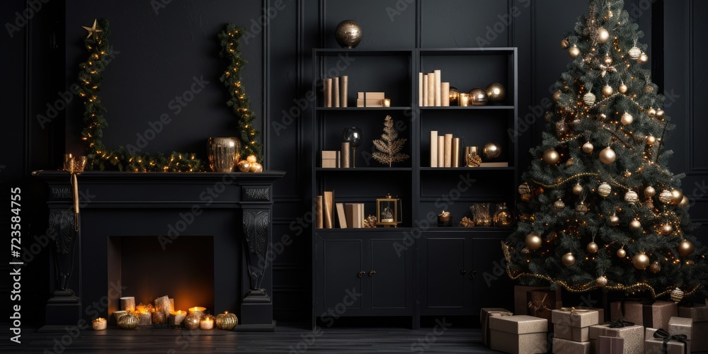 Festive interior with black wall, garlands, lit fir tree, and gifts for Christmas and New Year. Festive interior with black wall, garlands, lit fir tree, and gifts for Christmas and New Year.