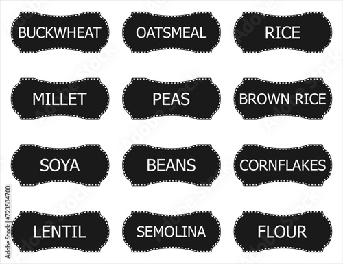 Set of 12 vector stickers with the names of cereals in English.Stickers, labels for jars of cereals.Flour,oatmeal,buckwheat,rice,peas,soya,lentil, etc. Can be used to label kitchen food containers.