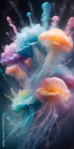 Freeze motion of colored powder explosions with jellyfish collage, isolated on black background