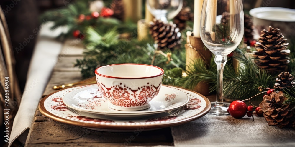 Christmas rustic kitchen details transformed into New Year's table setting with focus on close-up decor and copy space.