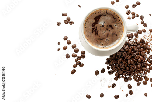 mockup of white cup of black coffee with beans spread mockup on isolated transparent background cut out