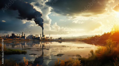 Illustration of the negative impact of a manufacturing factory in a large city. Environmental problems of air pollution. The effect of global warming. Outdoor industrial background.
