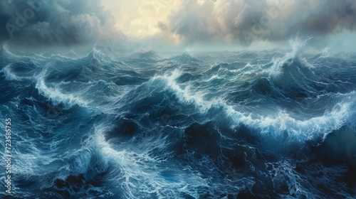 Ultramarine square featuring a realistic, stormy sea with towering waves and foam