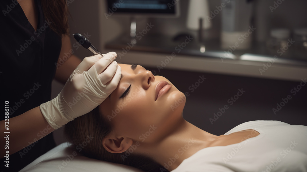 a beautician performing an injection filler on a female client the professional expertise and care as the client undergoes a cosmetic enhancement procedure a beautician performing an injection filler on a female client the professional expertise and care as the client undergoes a cosmetic enhancement procedure