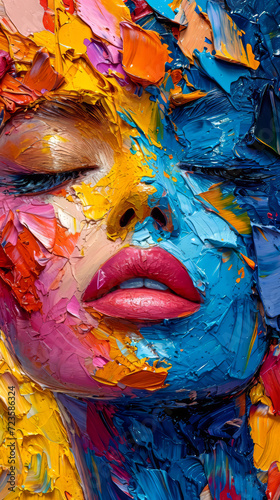 Beautiful young woman faces with multicolored paint on her face.