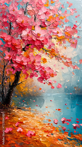 Painting of a tree with pink flowers in the autumn season.