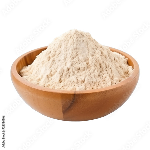 pile of finely dry organic fresh raw rice bran powder in wooden bowl png isolated on white background. bright colored of herbal, spice or seasoning recipes clipping path. selective focus photo