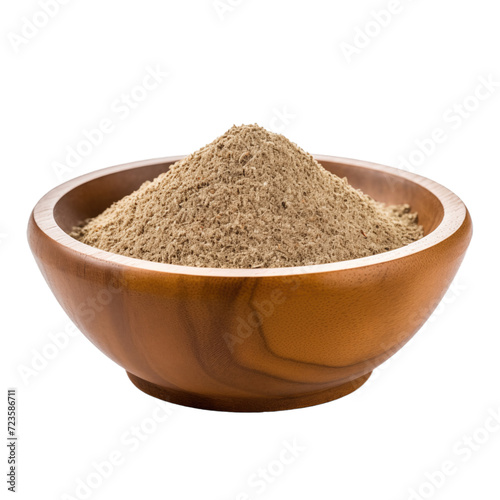 pile of finely dry organic fresh raw zaatar powder in wooden bowl png isolated on white background. bright colored of herbal, spice or seasoning recipes clipping path. selective focus
