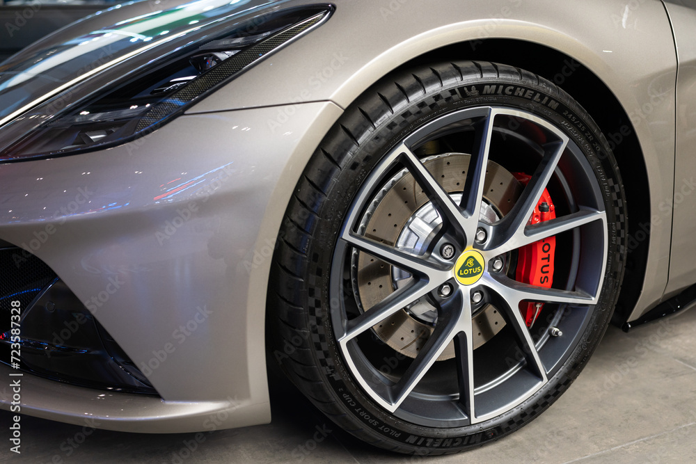 Lotus emira wheel on display at the Showroom. new Lotus Emira sports