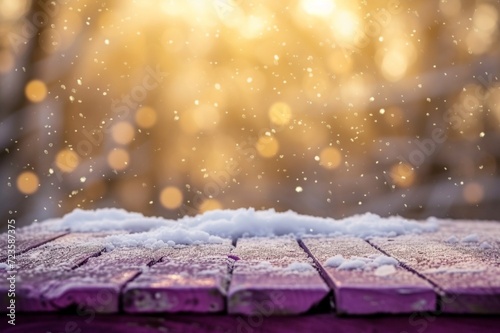 Purpleheart wood table, with its unique hue, against a backdrop of golden bokeh and whimsical snow photo