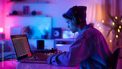 DJ wearing headphones playing electronic music at home photo