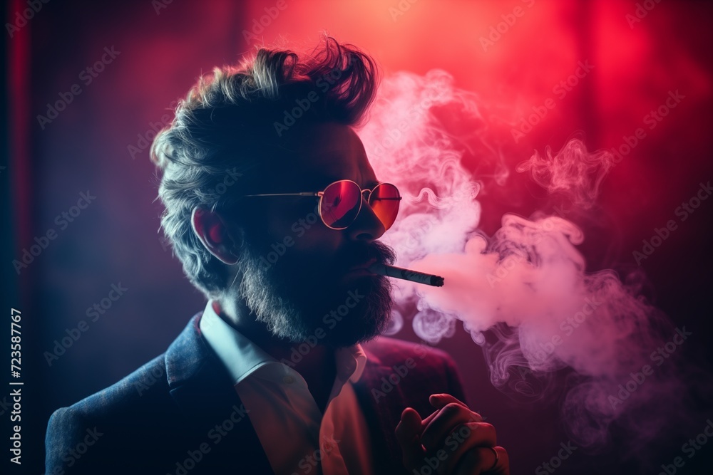 Close up man smoking a cigarette. adult man, grandfather smoking against a background of smoke and neon in a business suit and stylish glasses Close up man smoking a cigarette. adult man, grandfather smoking against a background of smoke and neon in a business suit and stylish glasses