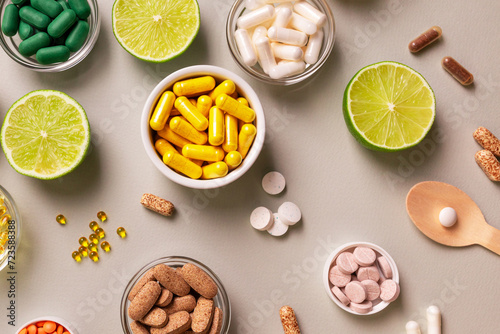 Vitamins in pill form and natural vitamins in foods such as lime. Colored tablets and pills, meds and natural vitamins. Vitamin C. photo