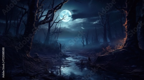 Night view of the fantasy dark forest.