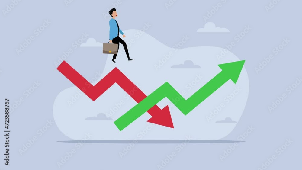 Businessman running on down and up arrows animation cartoon Businessman running on down and up arrows animation cartoon