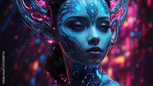 An intricately complex neon-lit digital avatar emerges from the depths of a composite photograph, captivating viewers with its otherworldly presence.