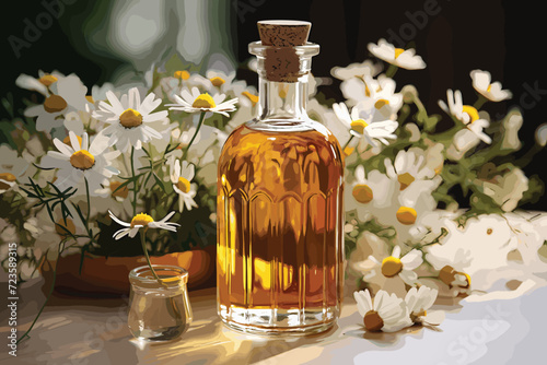 A bottle of homemade herbal tincture with fresh blooming hawthorn on a rustic background