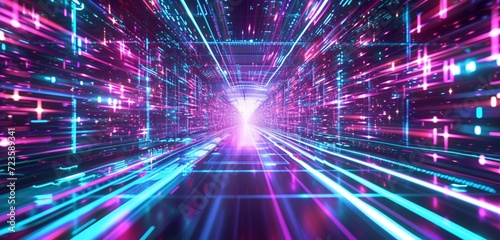 Ultraviolet virtual reality space with glowing cherry and turquoise lines, creating a sense of high-tech motion © Naseem