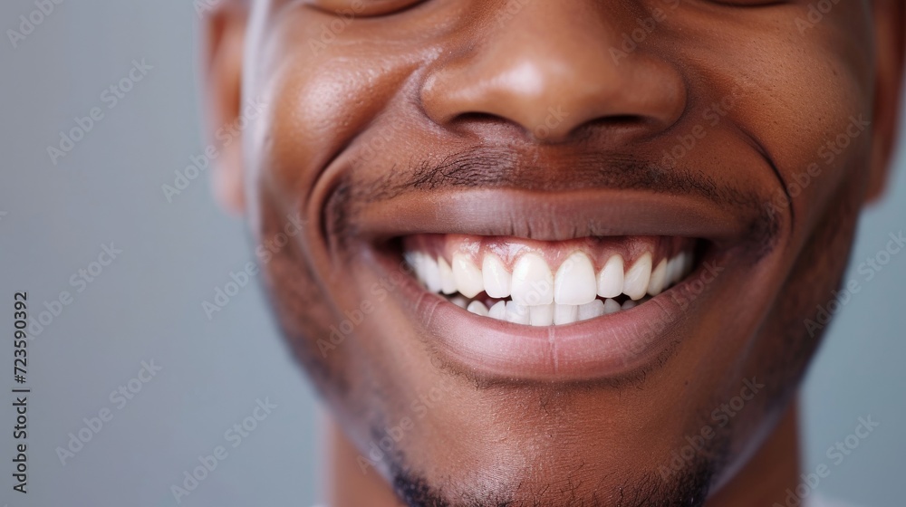Fototapeta premium Cropped shot of a young African smiling man. Teeth whitening. Dentistry, dental treatment.