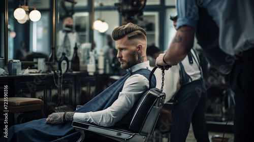 a traditional barber shop, a dapper blue-eyed man sits with poise, surrounded by the rich scents of aftershave and the gentle buzz of clippers