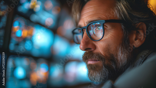 Detailed close-up of a male analyst with a beard, wearing glasses that reflect the vivid lights of multiple computer screens.  © wanchai