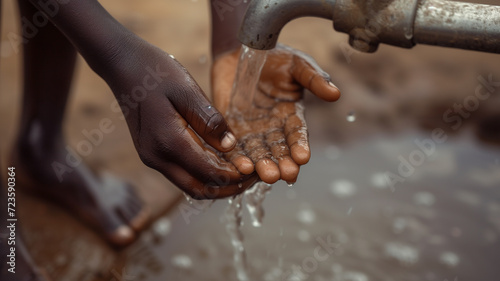 Water in the hand of an african child. Water shortage and world water day concept