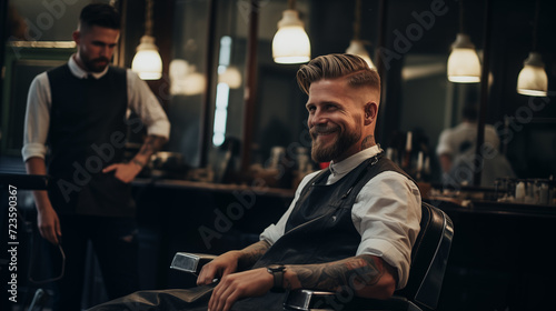a traditional barber shop, a dapper blue-eyed man sits with poise, surrounded by the rich scents of aftershave and the gentle buzz of clippers photo