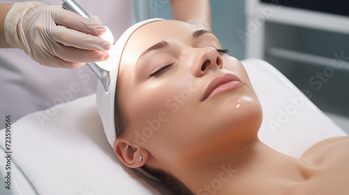 a moment of a girl at an appointment with a beautician, experiencing ultrasonic cleaning of the face