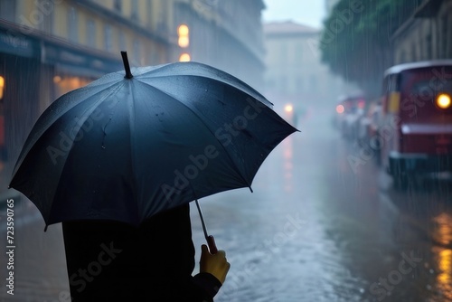 rainy day in the city person holding umbrella 