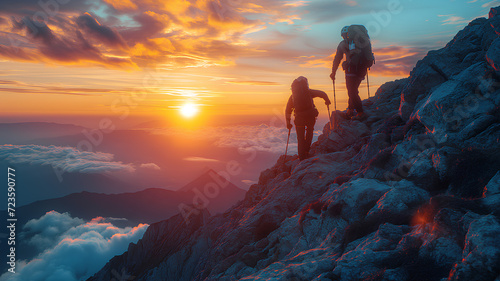 Two climbers ascend a steep rocky mountain, illuminated by the warm glow of a vibrant sunrise above a sea of clouds. 