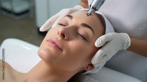 a girl at an appointment with a beautician, experiencing ultrasonic cleaning of the face