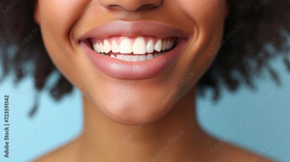 Cropped shot of a young African smiling woman. Teeth whitening. Dentistry, dental treatment. Cropped shot of a young African smiling woman. Teeth whitening. Dentistry, dental treatment.