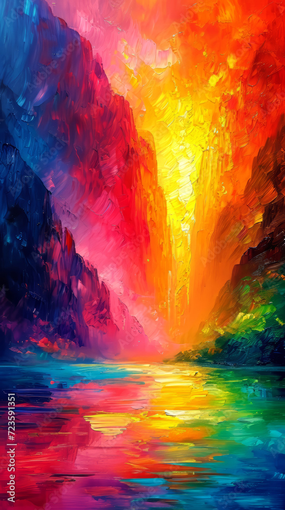 Abstract oil painting of a mountain in the form of a rainbow.