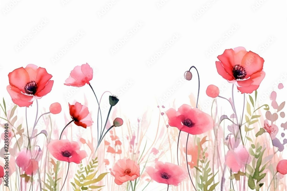 Watercolor poppy border with horizontal floral background. Pink abstract flowers with leaves on white. Botanical illustration for cards, wedding design. Generative AI