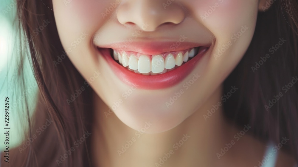 Obraz premium Cropped shot of a young Asian smiling woman. Teeth whitening. Dentistry, dental treatment.
