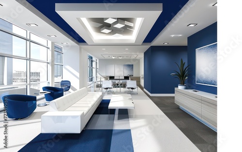 Modern room of business-oriented, featuring shades of white and various shades of blue. White cleanliness and sophistication, while blue adds a sense of professionalism and trust. 