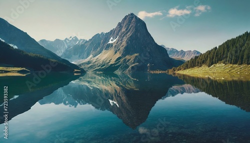 Alpine Reflections: Mirror-Like Lake Surface Mirrors the Stillness of Majestic Peaks, Invoking Reflective Wilderness and Peaceful Mountain Vista. Generative AI © grahof_photo